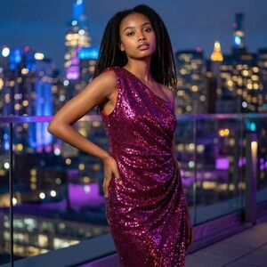 DRESS THE POPULATION Fuchsia Sequin One Shoulder Dress​